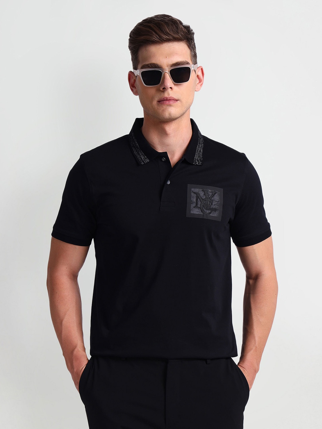 

Arrow New York Men Cotton Polo Collar Applique T-shirt, Black