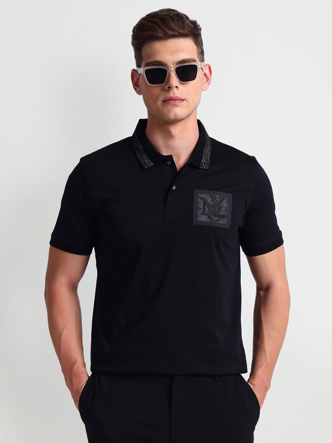 

Arrow New York Men Cotton Polo Collar Applique T-shirt, Black