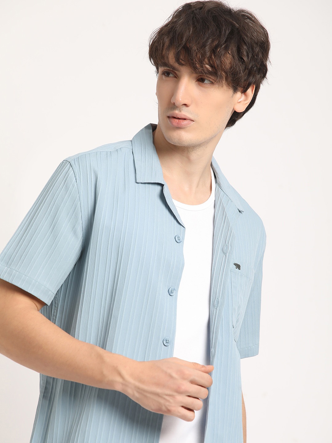 

THE BEAR HOUSE Striped Cuban Collar Casual Shirt, Blue