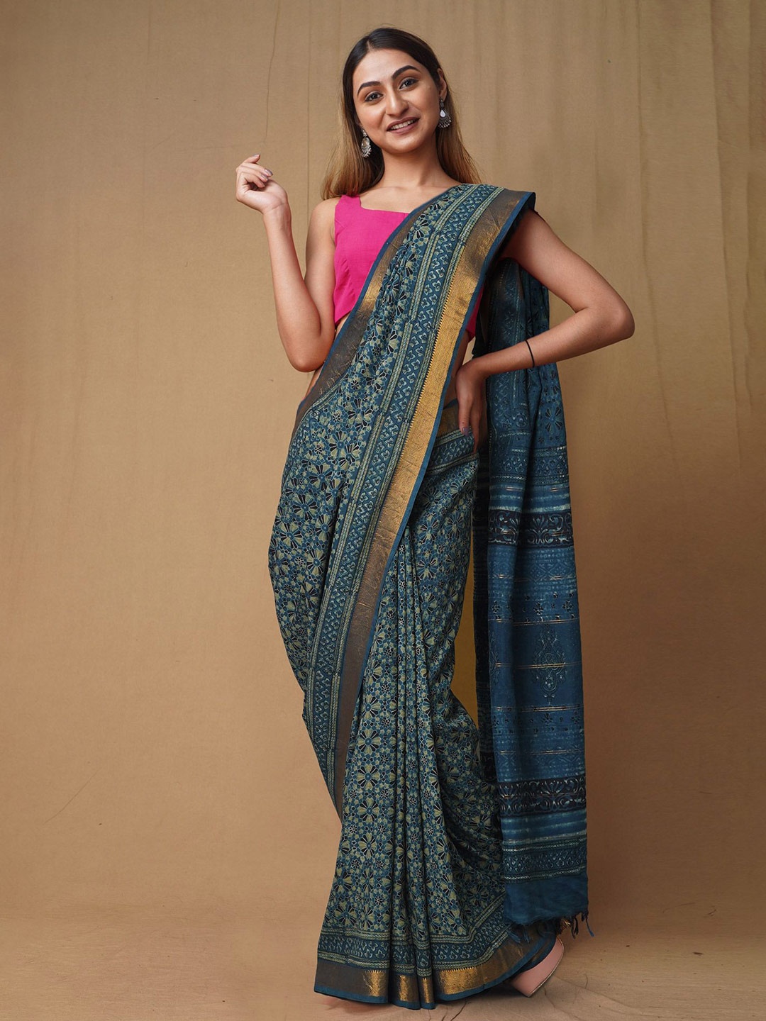 

Unnati Silks Ajrak Block Zari Pure Silk Handloom Chanderi Saree, Blue