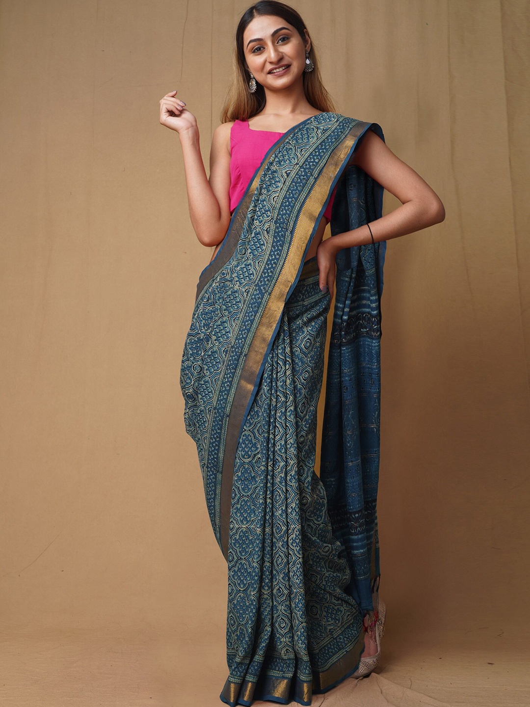 

Unnati Silks Ajrak Block Zari Pure Silk Handloom Chanderi Saree, Blue
