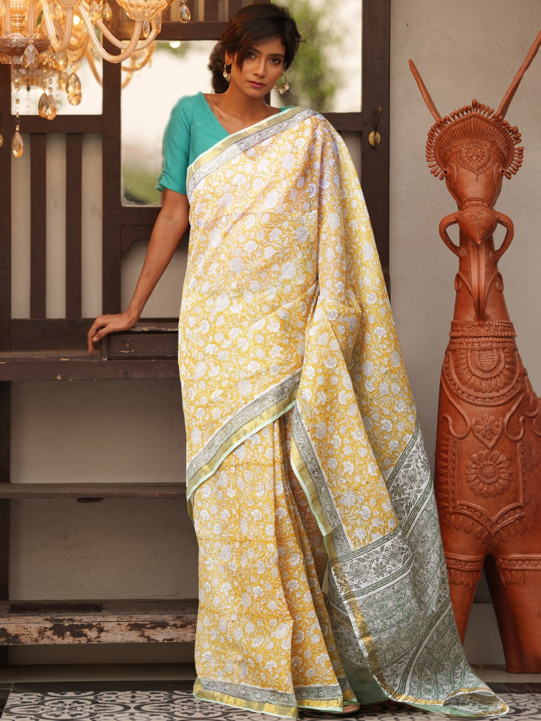 

Unnati Silks Ethnic Motifs Silk Cotton Handloom Kota Saree, Yellow