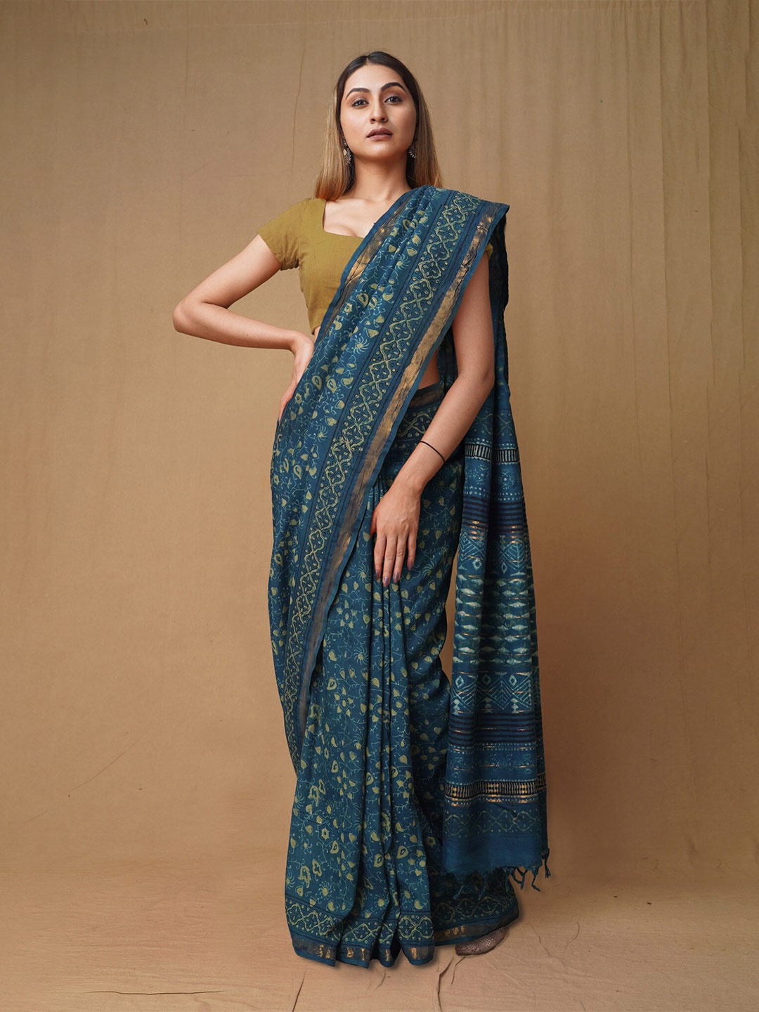 

Unnati Silks Ajrak Block Pure Silk Handloom Chanderi Saree, Blue