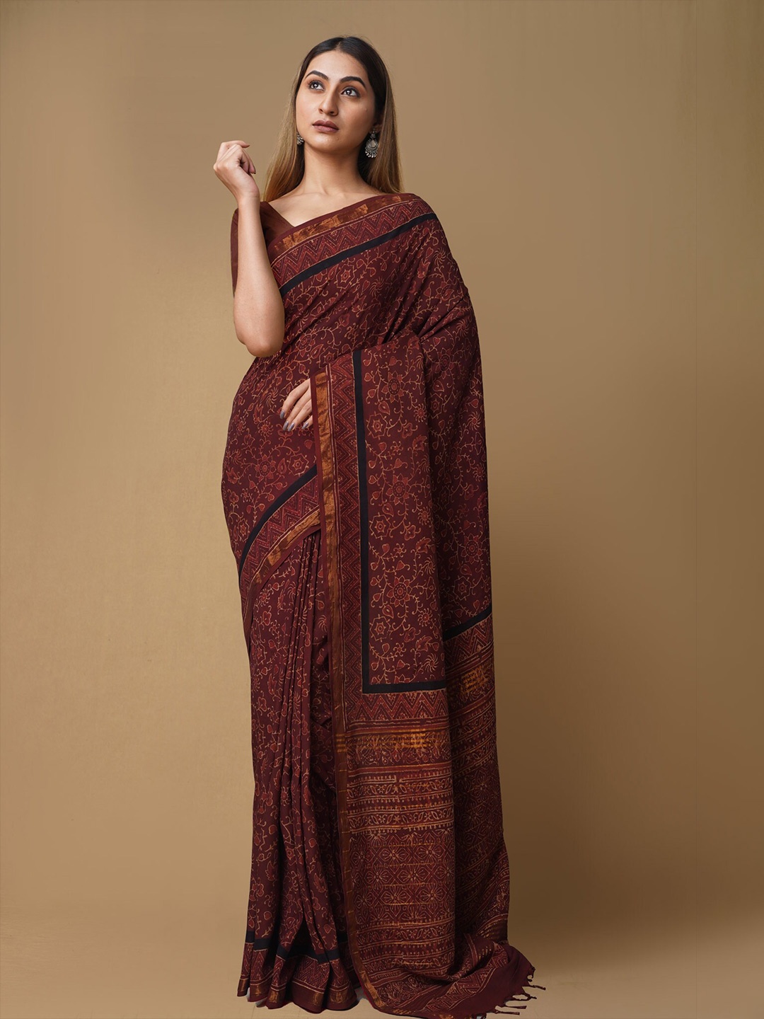 

Unnati Silks Ethnic Motifs Zari Pure Silk Handloom Chanderi Saree, Brown