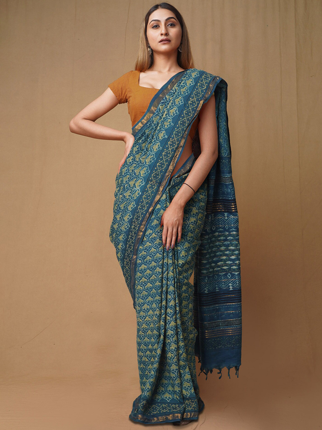 

Unnati Silks Ajrak Block Pure Silk Handloom Chanderi Saree, Blue