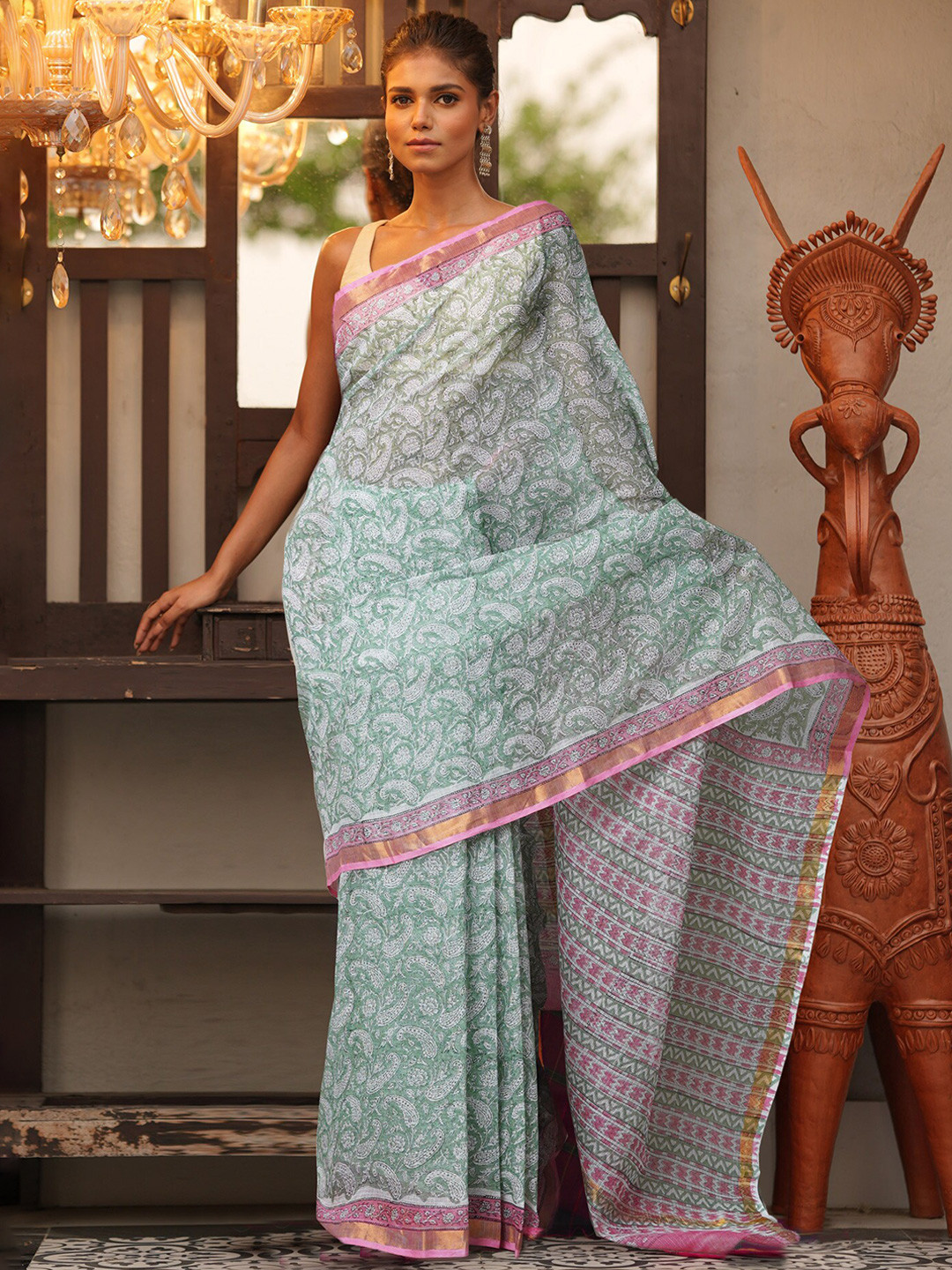 

Unnati Silks Ethnic Motifs Silk Cotton Handloom Kota Saree, Green
