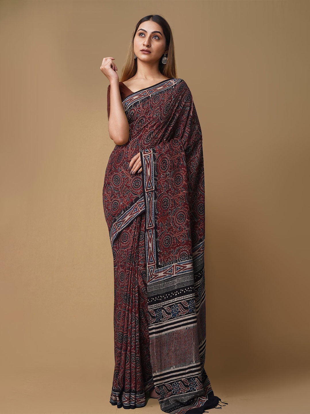 

Unnati Silks Ajrak Block Pure Silk Handloom Chanderi Saree, Brown