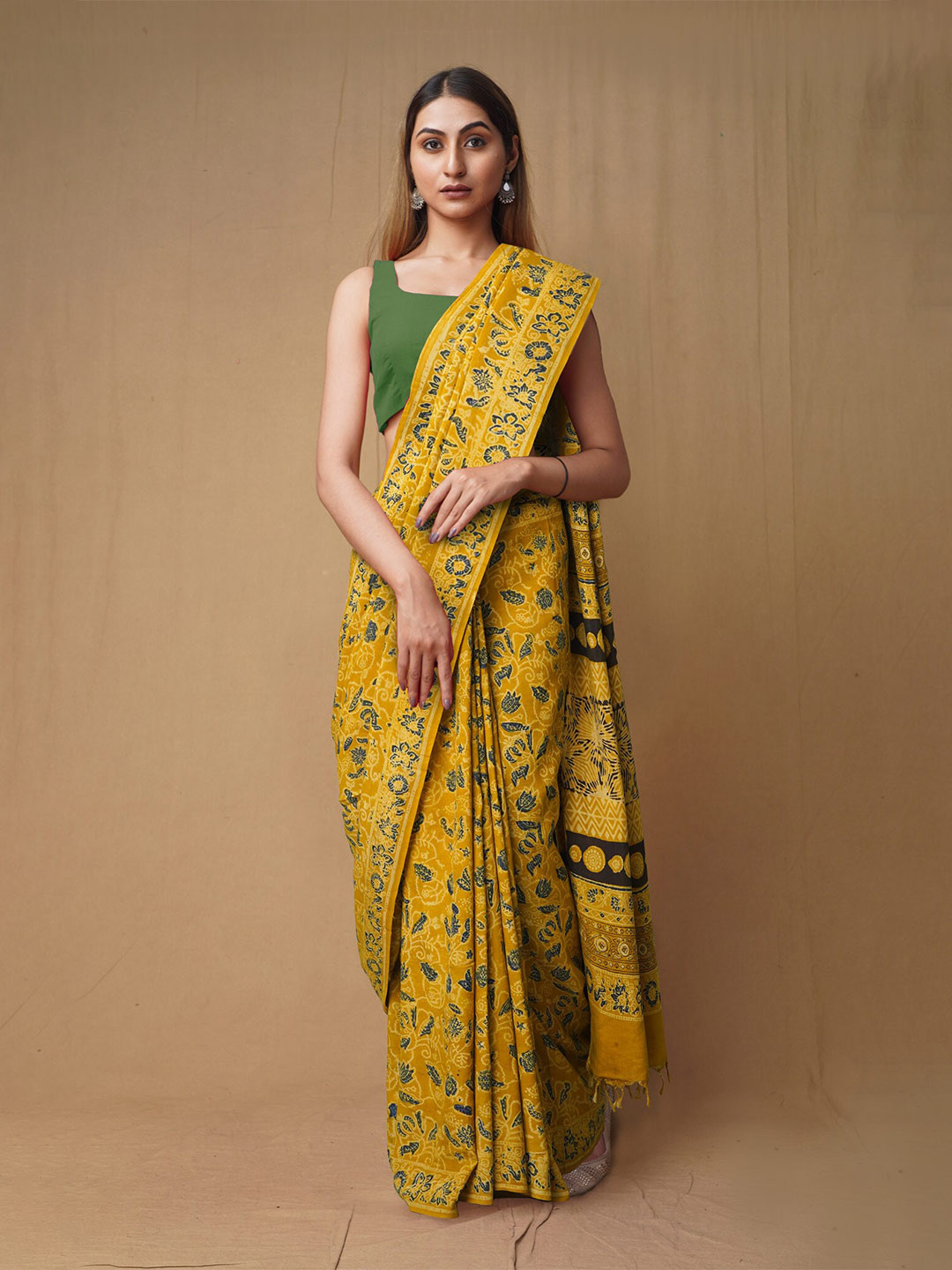 

Unnati Silks Ajrak Block Pure Silk Handloom Chanderi Saree, Yellow