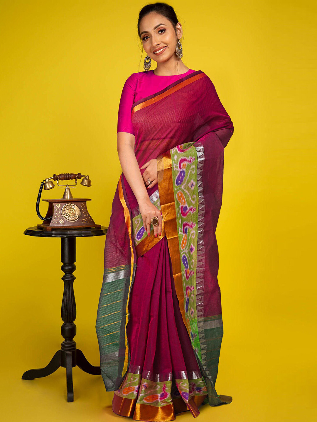 

Unnati Silks Zari Silk Cotton Handloom Saree, Pink