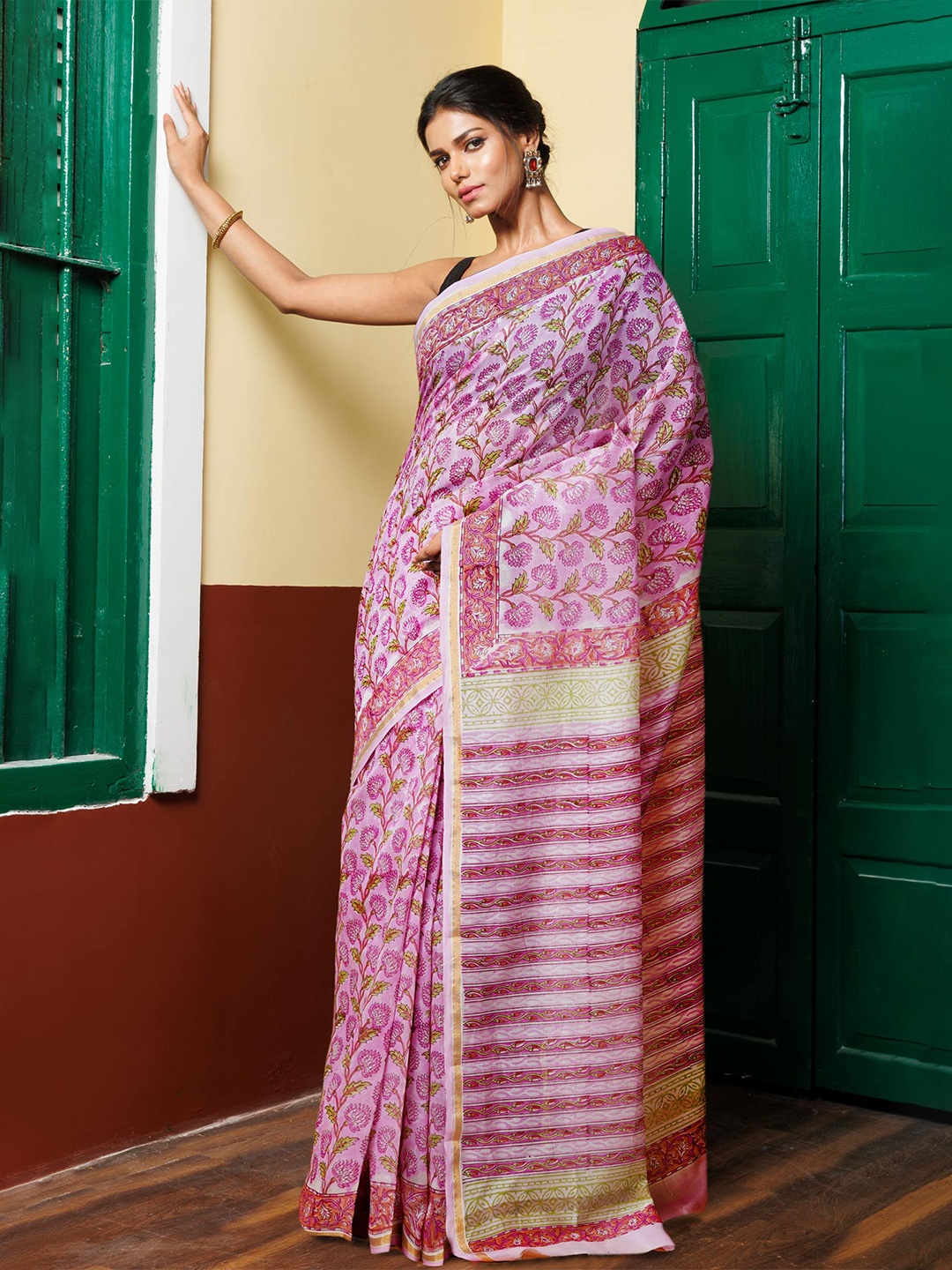 

Unnati Silks Ethnic Motifs Zari Silk Cotton Handloom Chanderi Saree, Pink