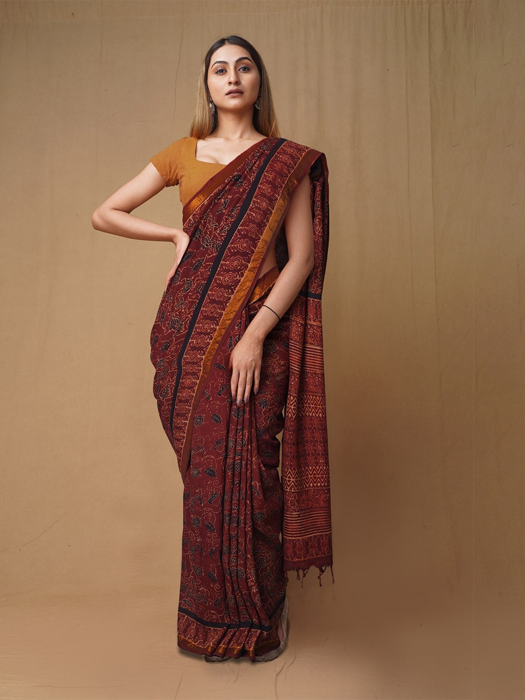 

Unnati Silks Ajrak Block Zari Pure Silk Handloom Chanderi Saree, Brown