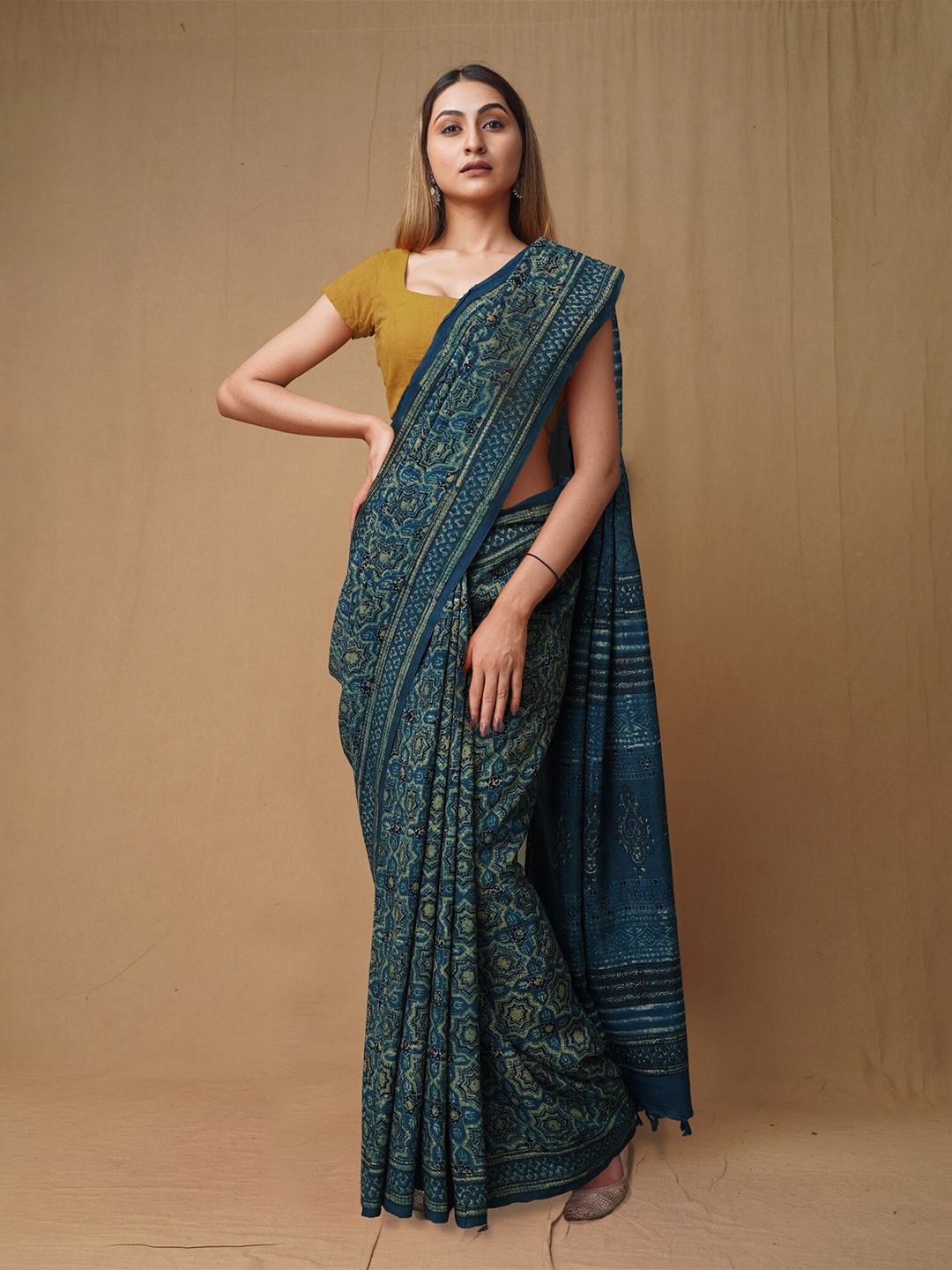 

Unnati Silks Ajrak Block Pure Silk Handloom Chanderi Saree, Blue