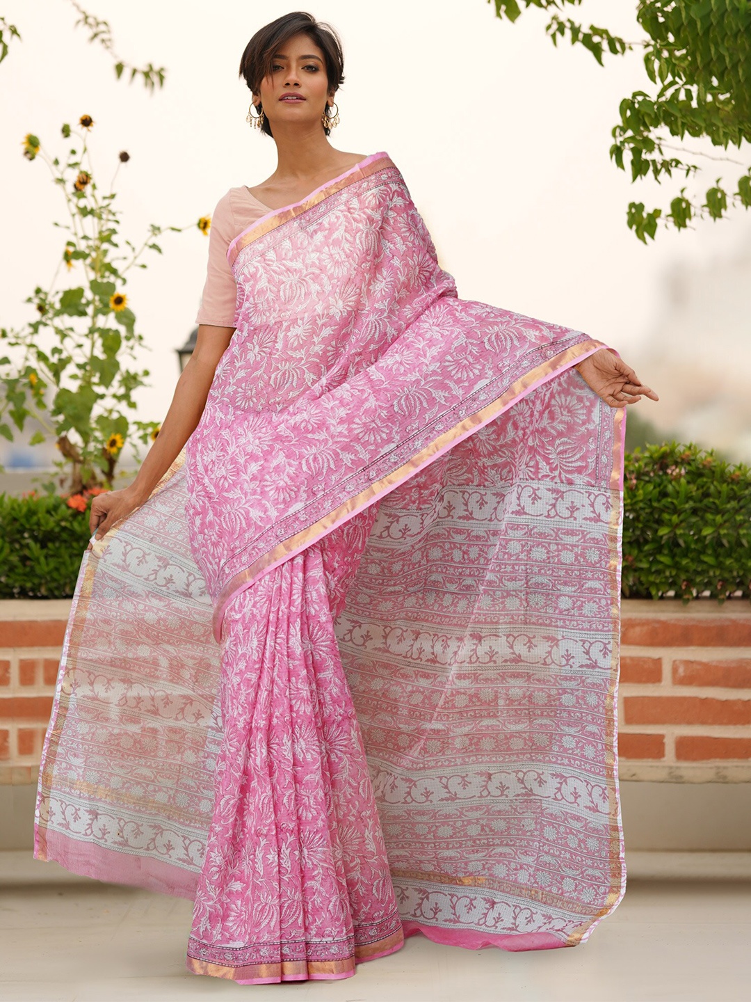 

Unnati Silks Ethnic Motifs Silk Cotton Handloom Kota Saree, Pink