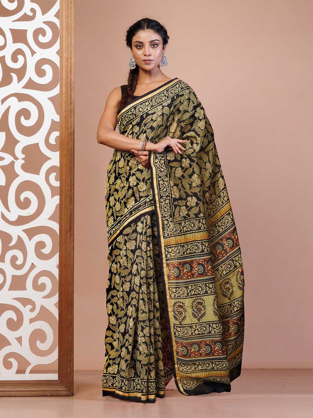 

Unnati Silks Kalamkari Silk Cotton Handloom Chanderi Saree, Black
