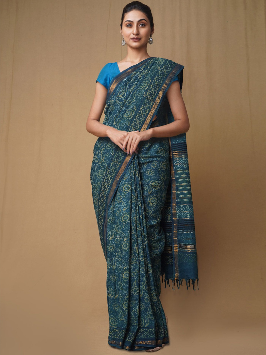 

Unnati Silks Ajrak Block Pure Silk Handloom Chanderi Saree, Blue