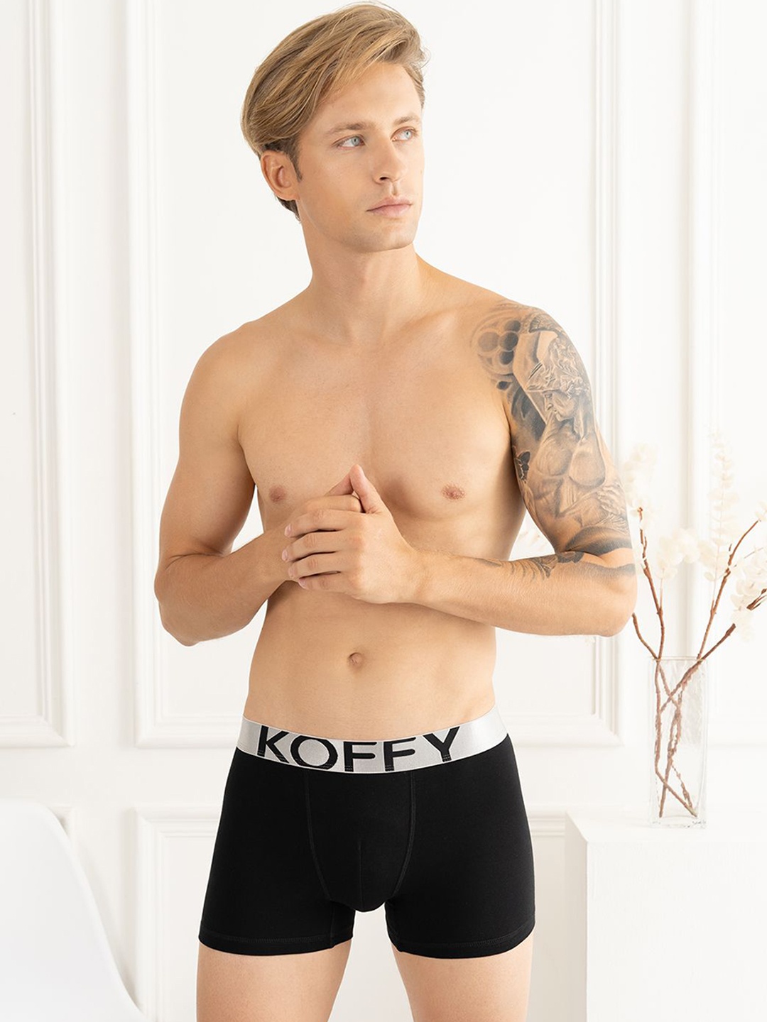 

KOFFY Men Malleable Cotton Lycra Long Trunk with Minus Moisture Wicking Properties, Black