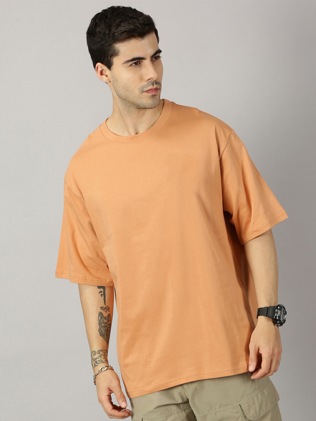 

THE HOLLANDER Men Drop-Shoulder Sleeves Oversized Fit Cotton T-shirt, Orange