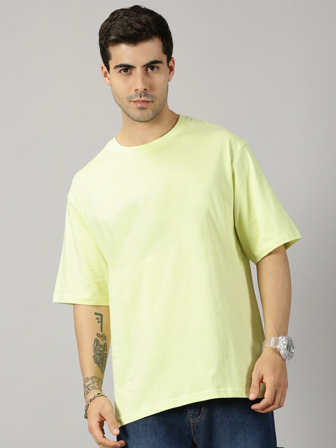 

THE HOLLANDER Men Drop-Shoulder Sleeves Oversized Fit Cotton T-shirt, Lime green