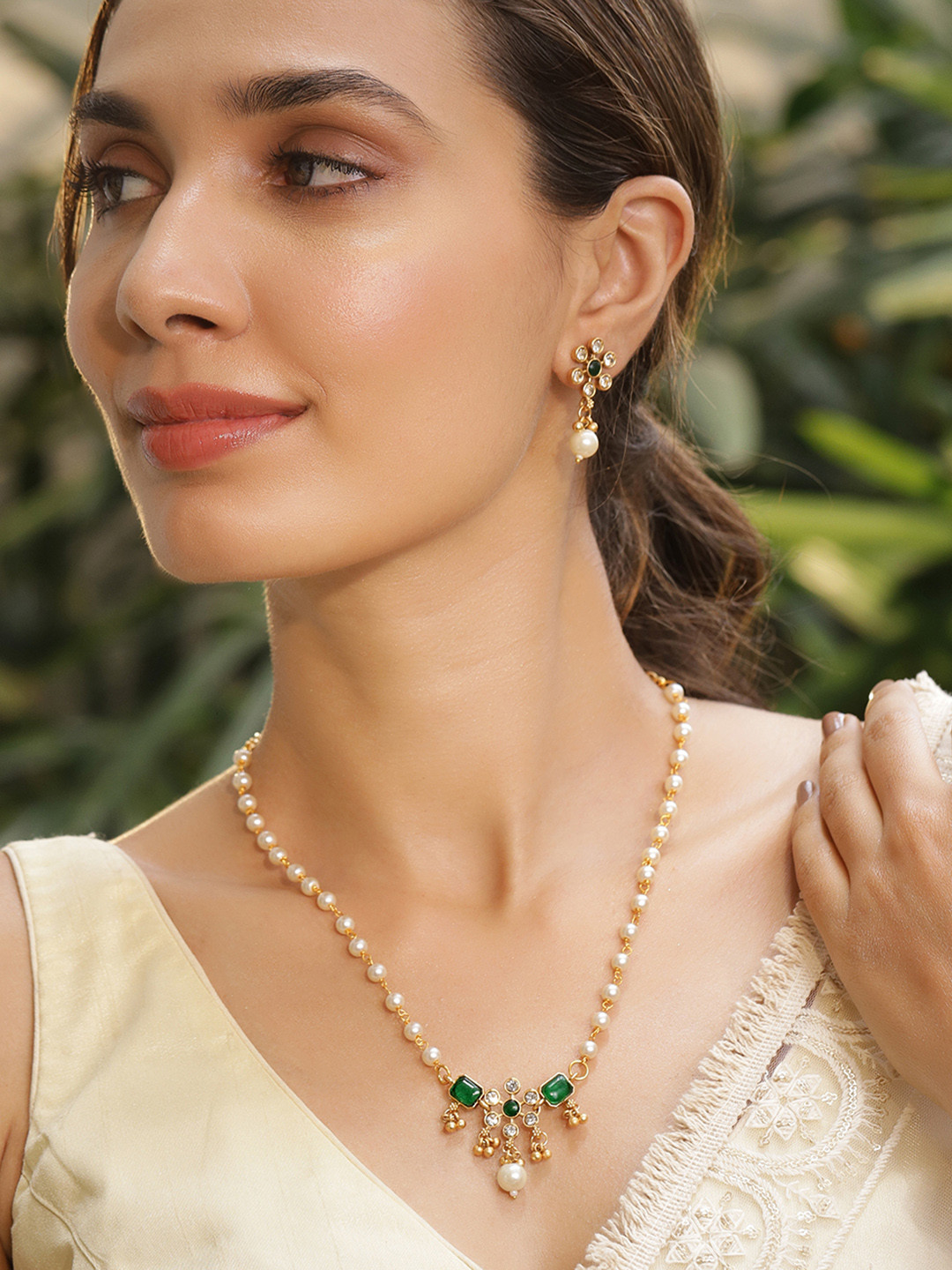 

Rubans 22K Gold-Plated White Pearl Beaded Necklace Set with Emerald & CZ Studded Pendant