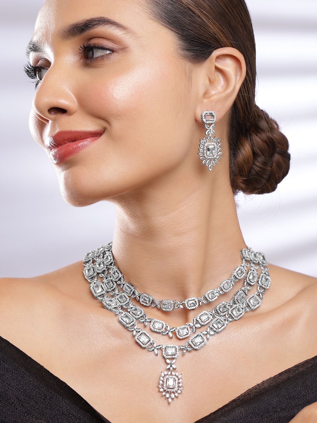 

Rubans Rhodium-Plated Brass Luxury Cubic Zirconia and AD Studded Layered Necklace Set, Silver