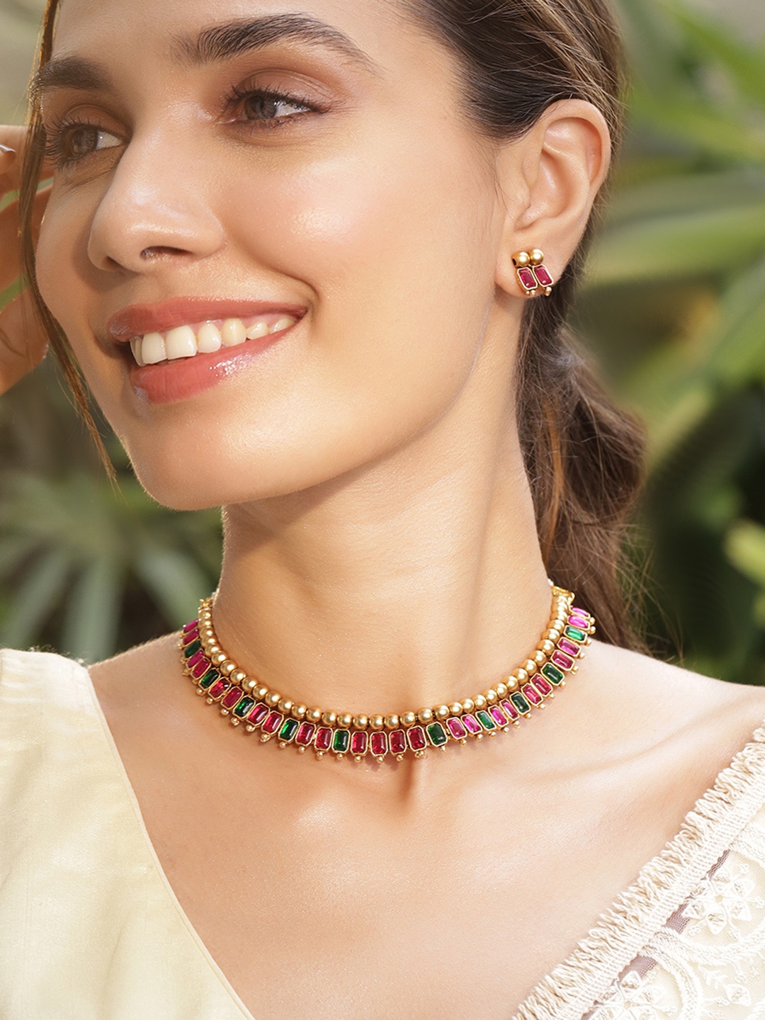 

Rubans 22K Gold-Plated Ruby Red & Green Kundan Studded Necklace Set with Gold Beads