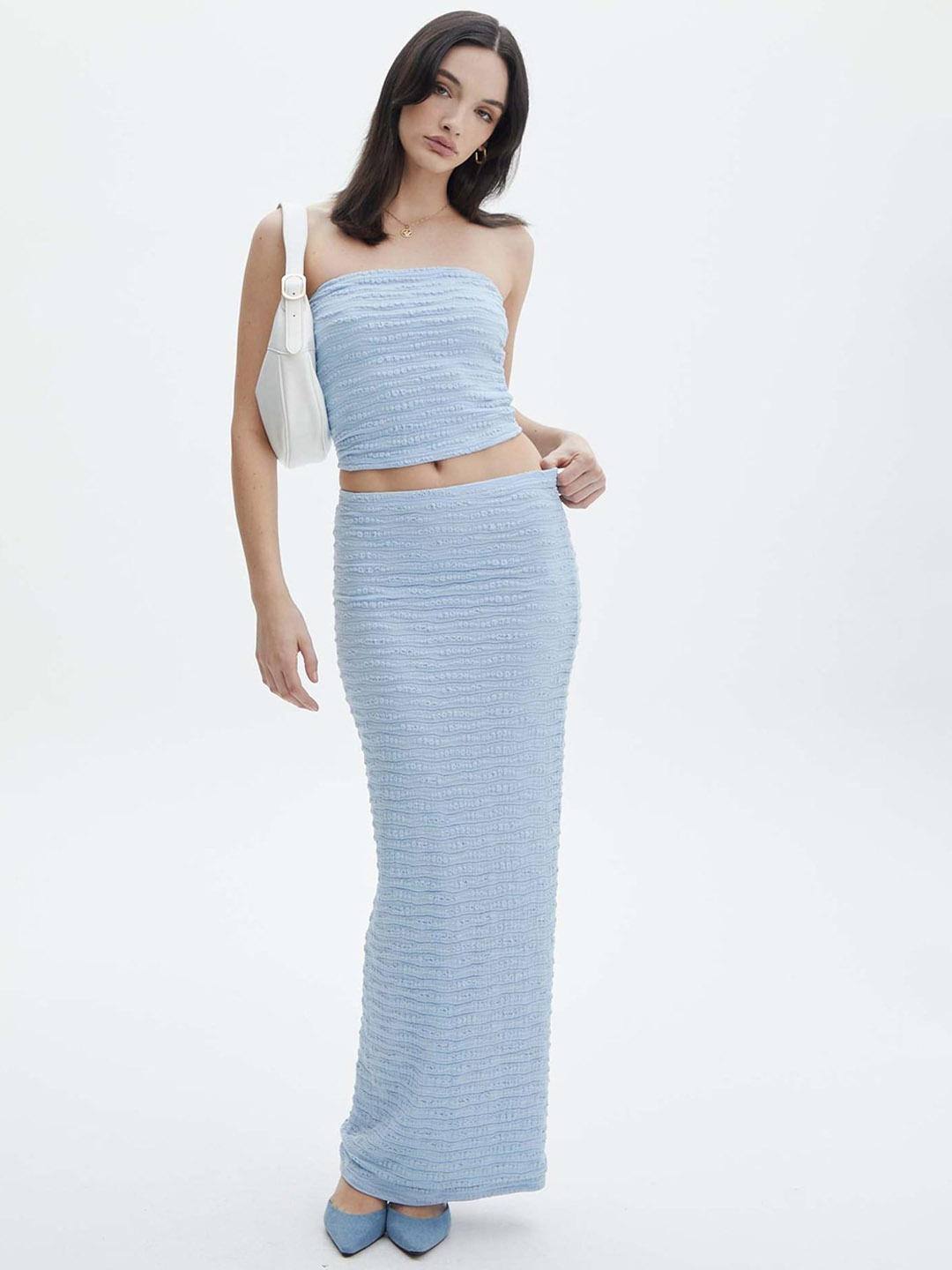 

LULU & SKY Self Design Strapless Bandeau Top With Long Skirt, Blue