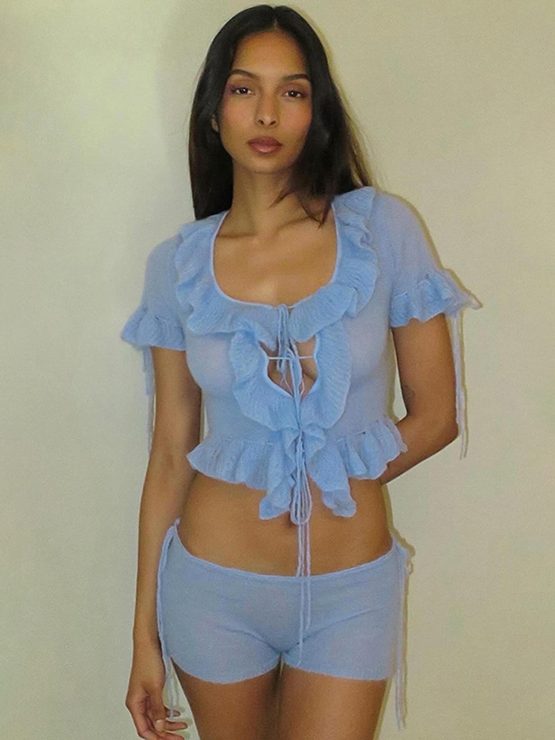 

LULU & SKY Frill-Trim Hollow-Out Top & Shorts Co-Ords Set, Blue