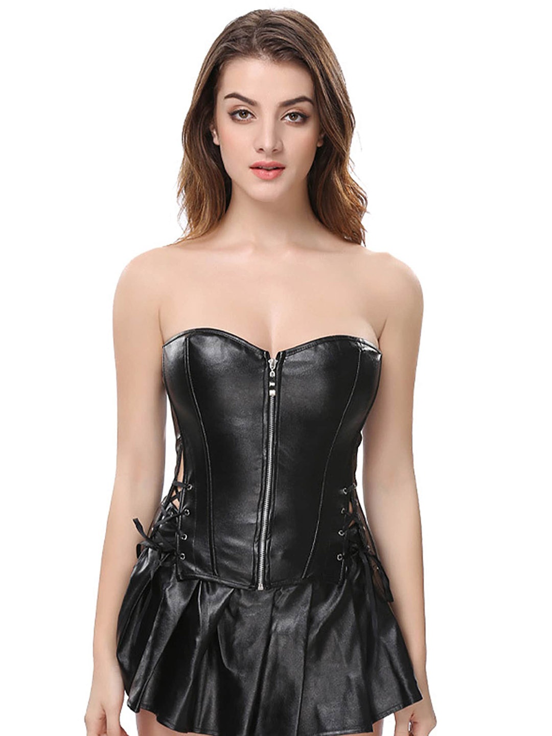 

LULU & SKY Strapless Corset Top & Skater Skirt With Thong, Black