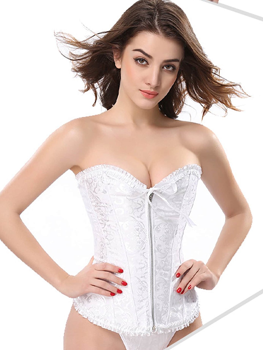 

LULU & SKY Jacquard Corset & G-string Thong Lingerie Set 8055-WHITE-White