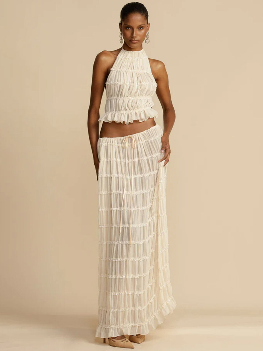

LULU & SKY Self Design Halter Neck Top & Long A-line Skirt, White