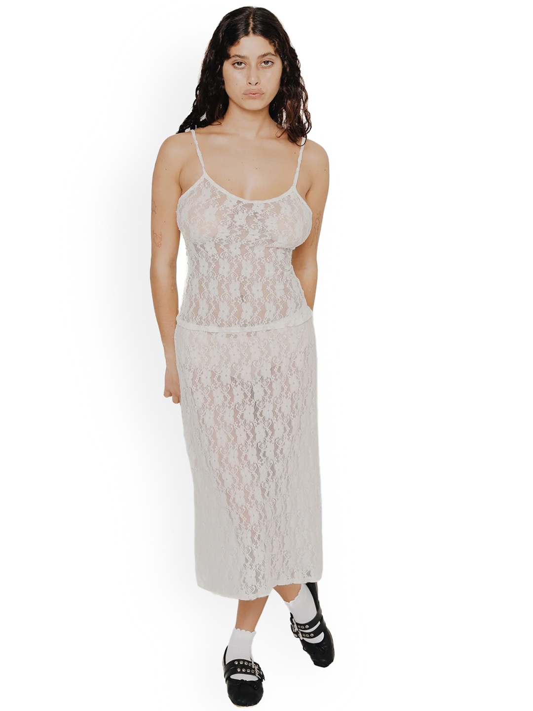 

LULU & SKY Self Design Shoulder Straps Top & Midi Skirt, White