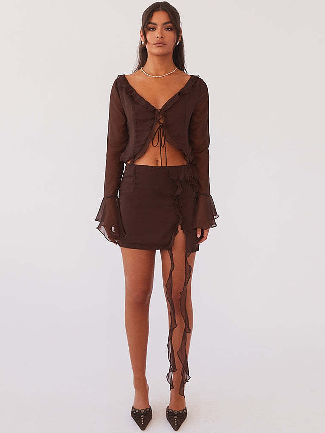 

LULU & SKY Ruffled Crop Top With Mini Skirt, Brown