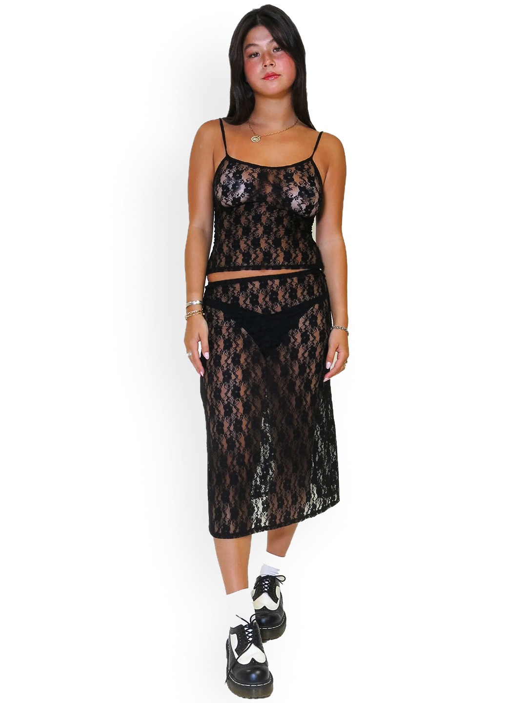 

LULU & SKY Self Design Shoulder Straps Top & Midi Skirt, Black