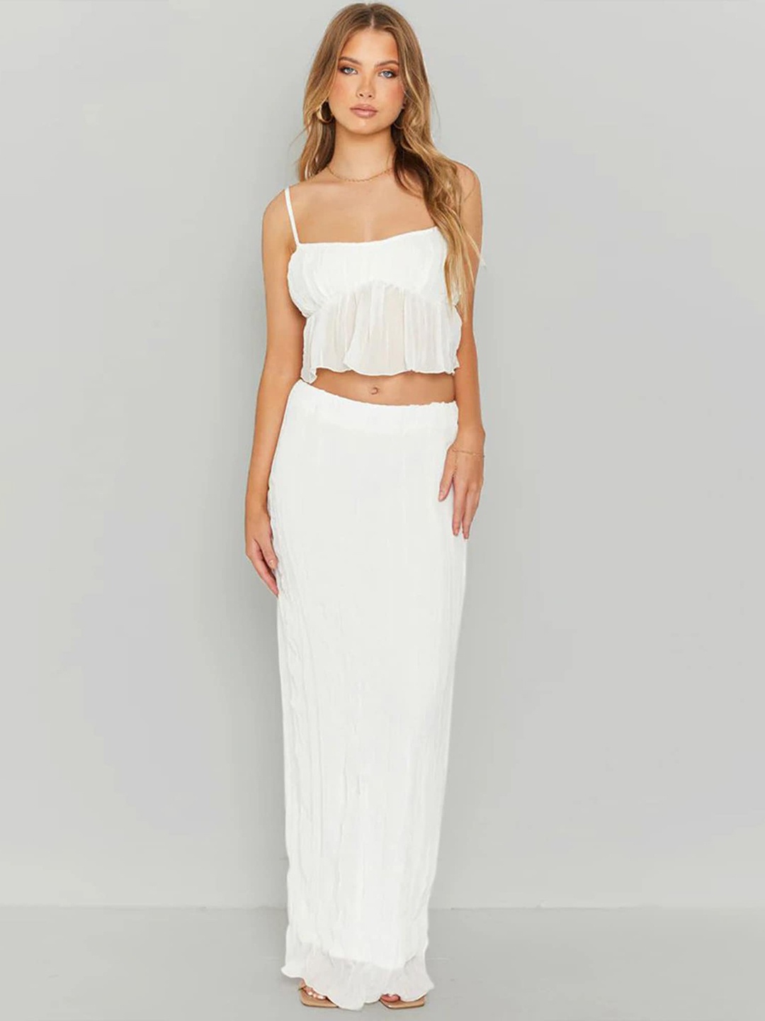 

LULU & SKY Self Design Shoulder Straps Cami Top & Skirt, White