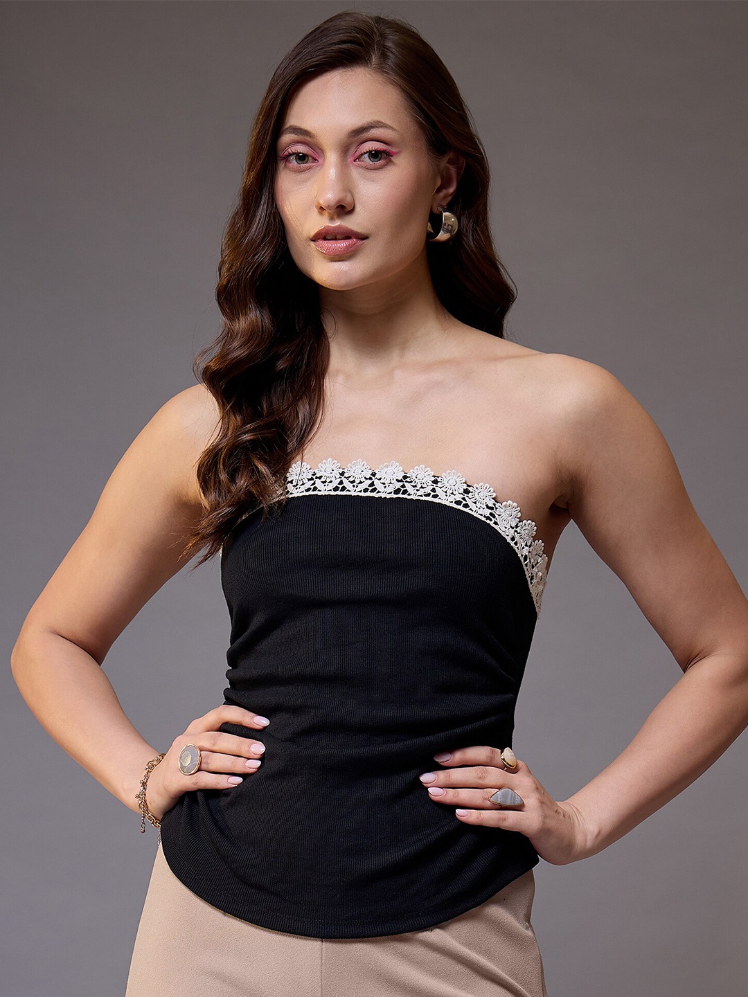 

KASSUALLY Women Strapless Lace Up Cotton Tube Top, Black