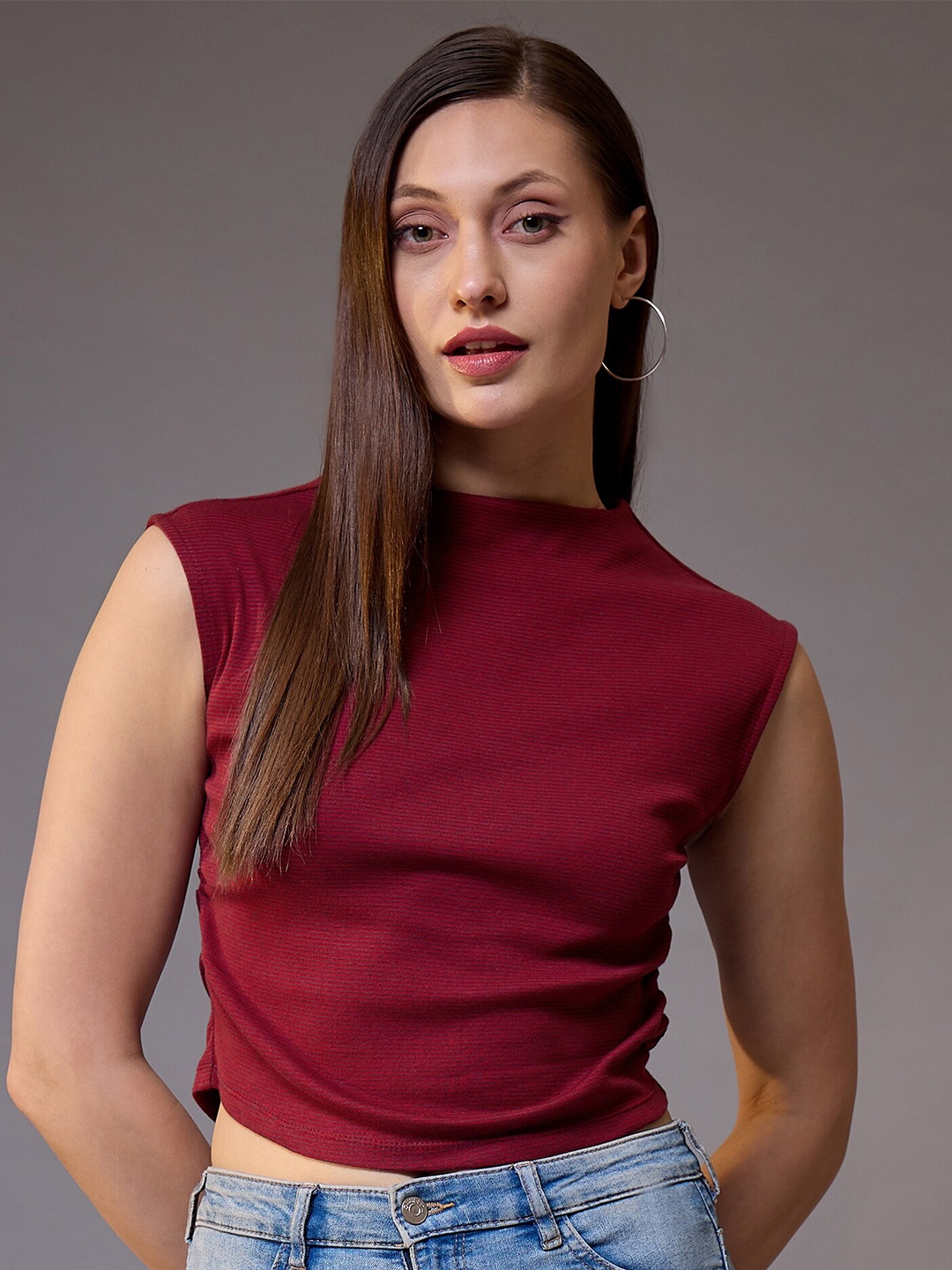 

KASSUALLY Women Round Neck Cotton Crop Top, Maroon