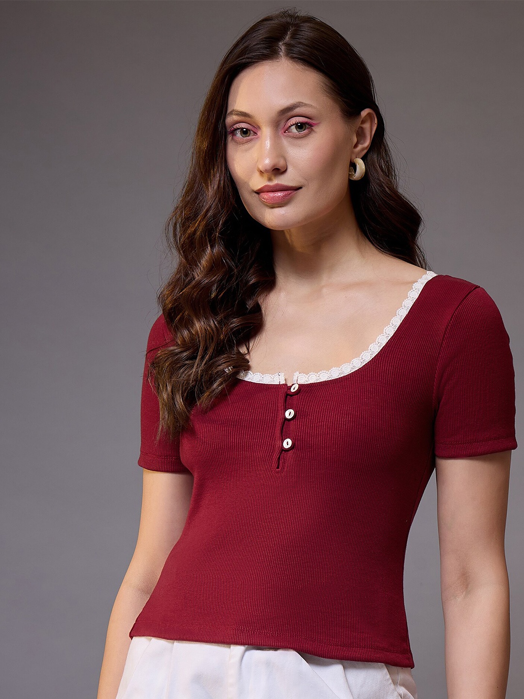 

KASSUALLY Women Scoop Neck Lace Up Cotton Top, Maroon