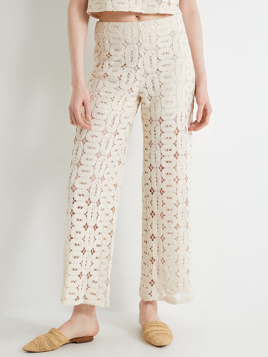 

Koton Women Straight Fit Self Design Mid-Rise Trousers, Beige