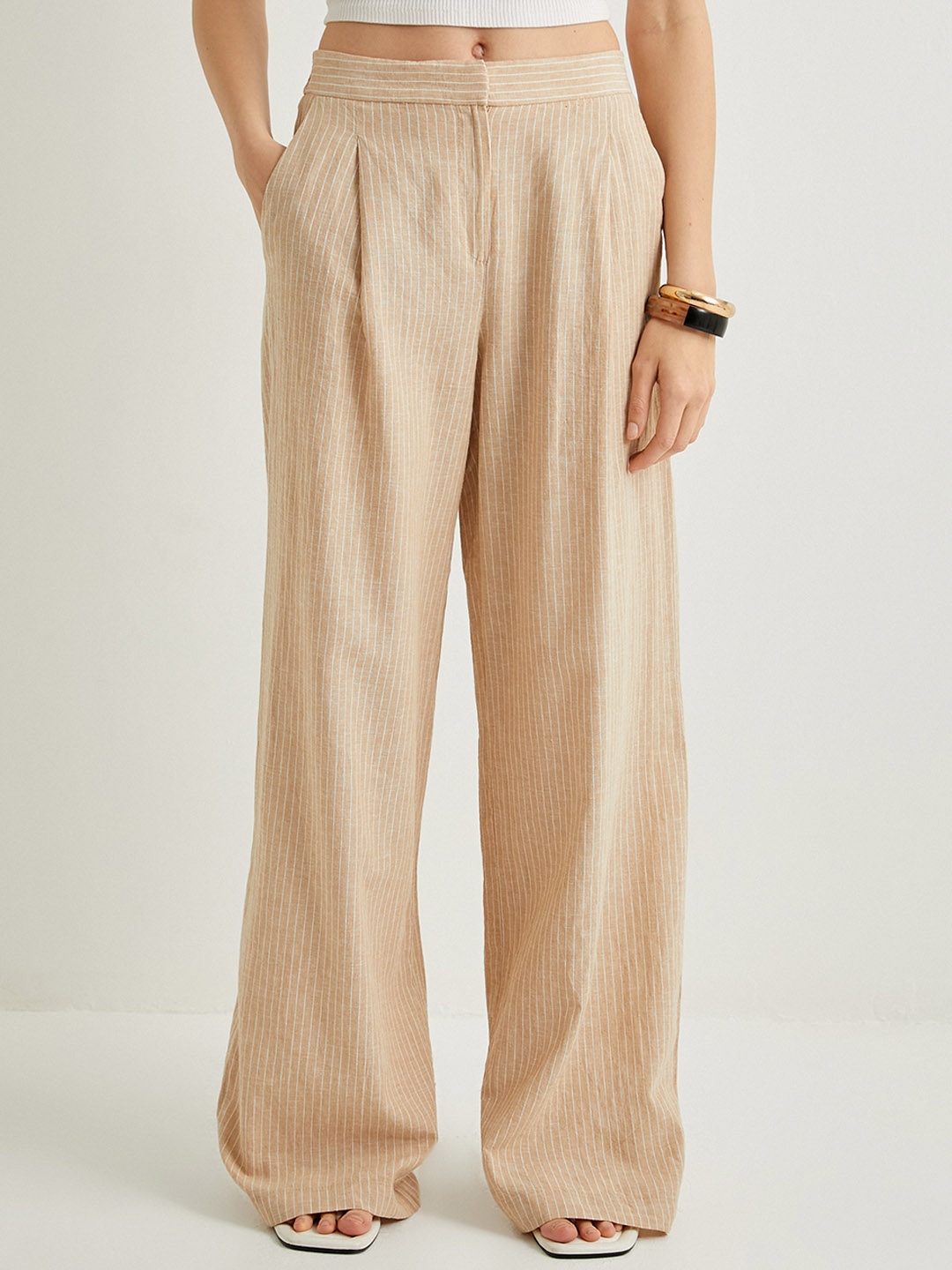 

Koton Women Mid-Rise Pleated Parallel Trousers, Beige