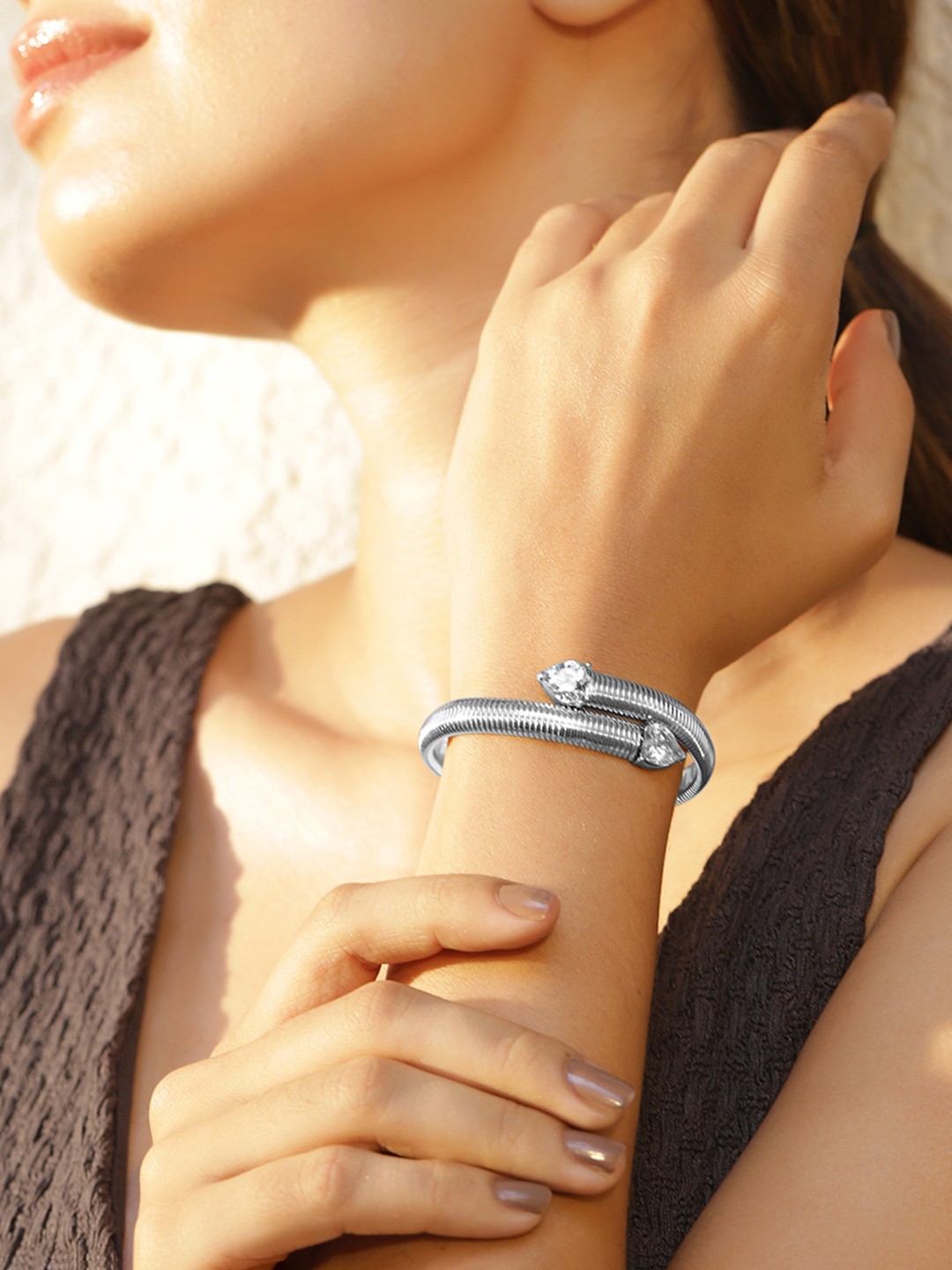 

Rubans Voguish Rhodium Plated Stainless Steel Tarnish Free Demi-Fine Zirconia Bracelet, Silver
