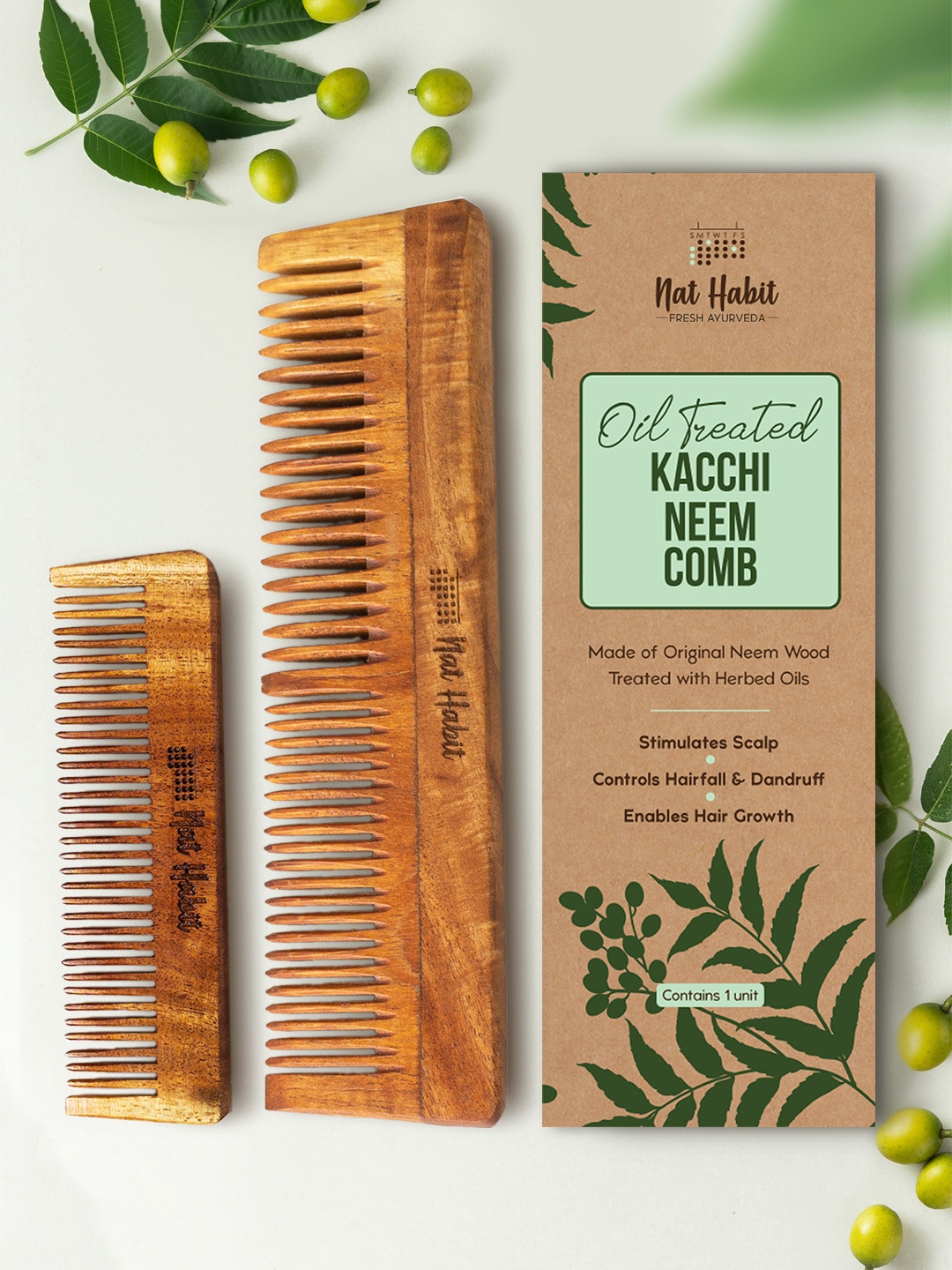 

Nat Habit Set Of 2 Dual Tooth & Fine Tooth Pocket Kacchi Neem Combs, Brown