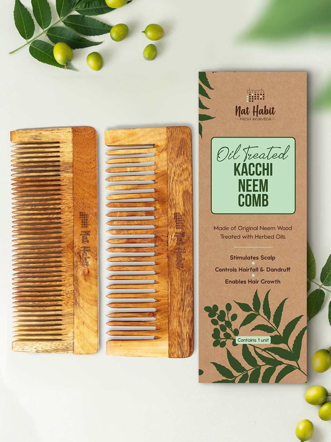 

Nat Habit Set Of 2 Fine Tooth & Wide Tooth Kacchi Neem Combs, Brown