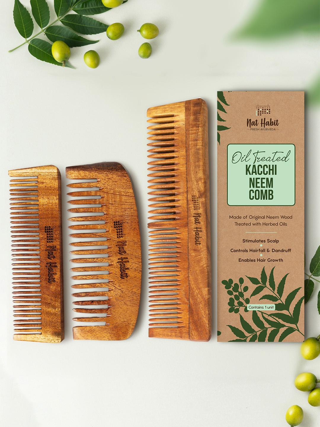 

Nat Habit 3Pcs Kacchi Neem Dual + Bounce + Pocket Wooden Teeth Comb for Long Hairs, Brown