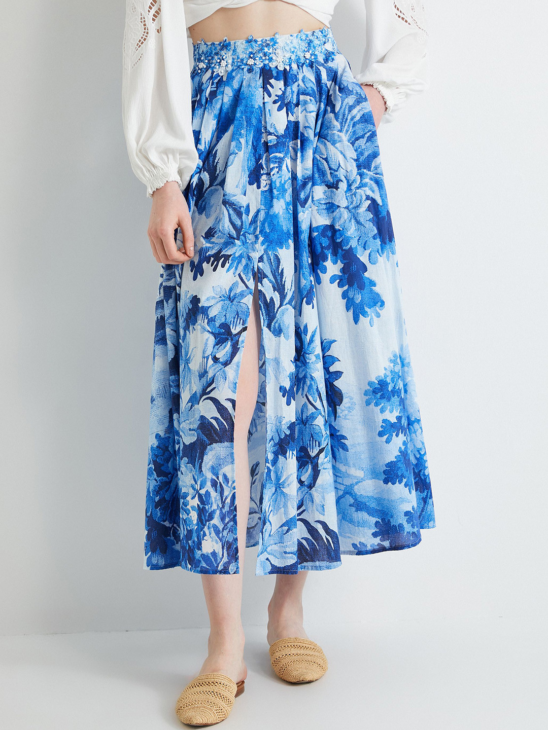

Koton Blue Floral Printed Pure Cotton Midi Skirt
