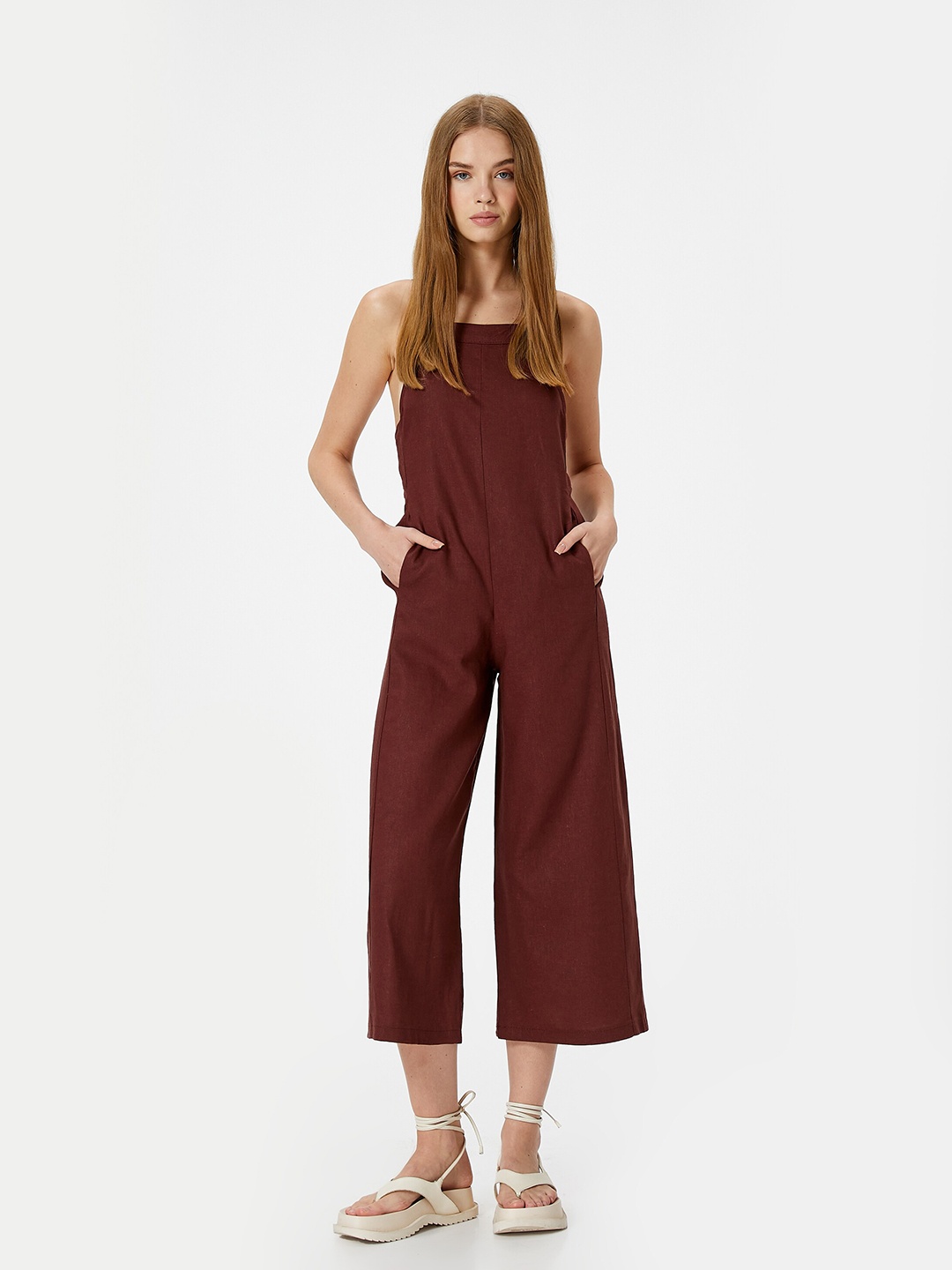 

Koton Shoulder Straps Sleeveless Culotte Jumpsuit, Brown