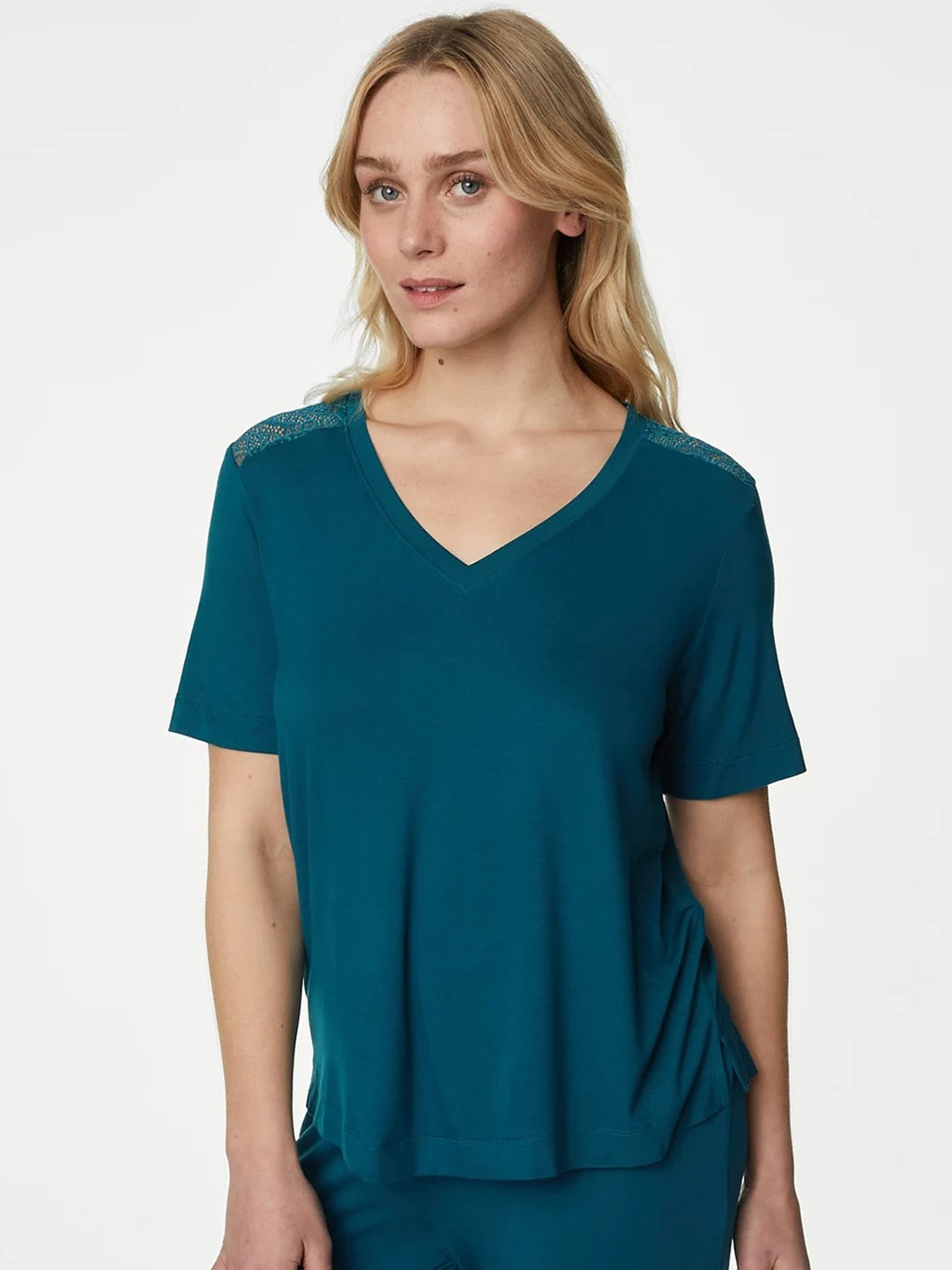 

Marks & Spencer Soft Lace Detail V-Neck Lounge T-Shirt, Teal