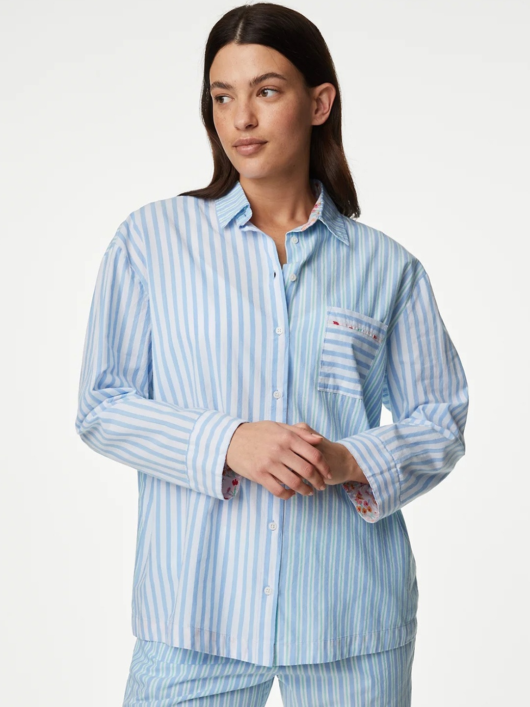

Marks & Spencer Striped Pure Cotton Shirt-Collar Lounge Shirt, Blue