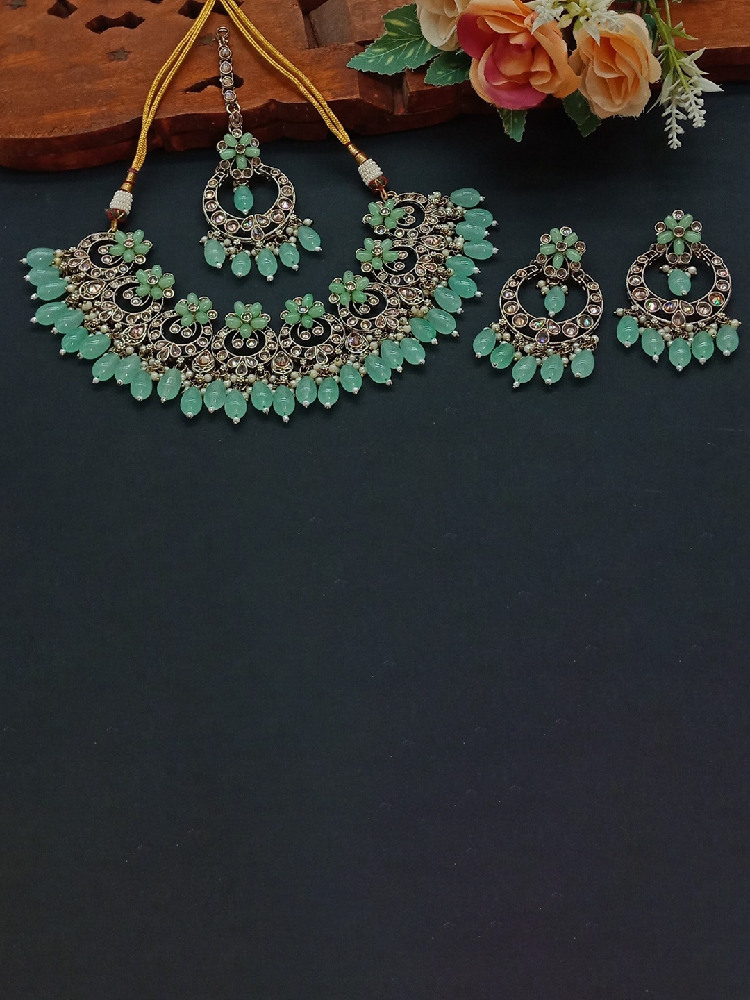 

AASHISH IMITATION Alloy AD-Studded & Beaded Necklace & Earrings Maang Tika, Gold