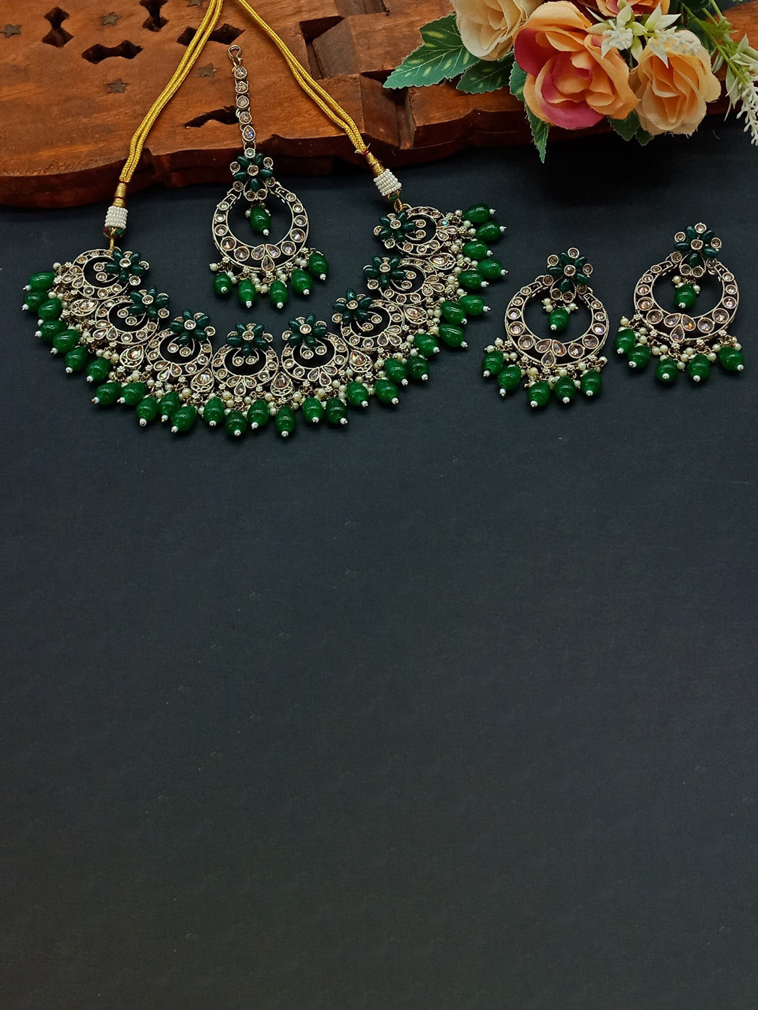 

AASHISH IMITATION Alloy AD-Studded & Beaded Necklace & Earrings Maang Tika, Gold