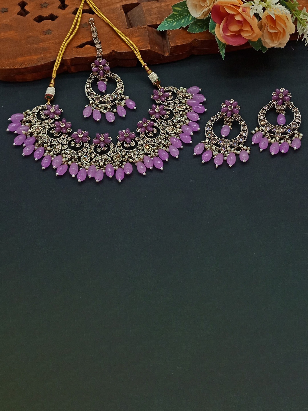 

AASHISH IMITATION Alloy AD-Studded & Beaded Necklace & Earrings Maang Tika, Gold